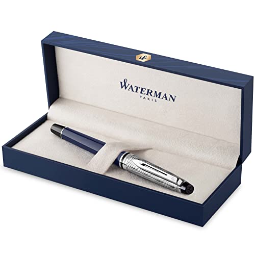 Waterman Expert Füller | Metall und blaue Lackierung | ziselierte Kappe | feine Feder aus Edelstahl | blaue Tinte | Geschenkbox |