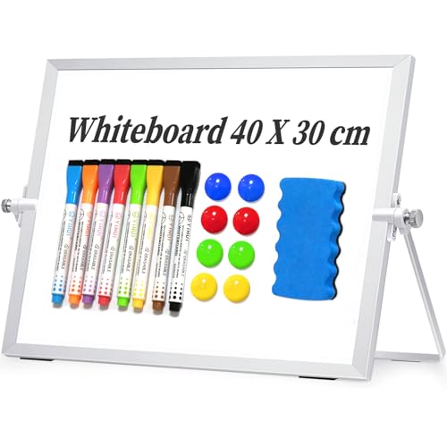 Whiteboard Magnetisch 30 x 40 cm, Doppelseitiges White Board mit Ständer, Klein Magnetisches Whiteboard Trocken Abwischbar, Tragbares A3 Whiteboard Set für Schule Heim Büro