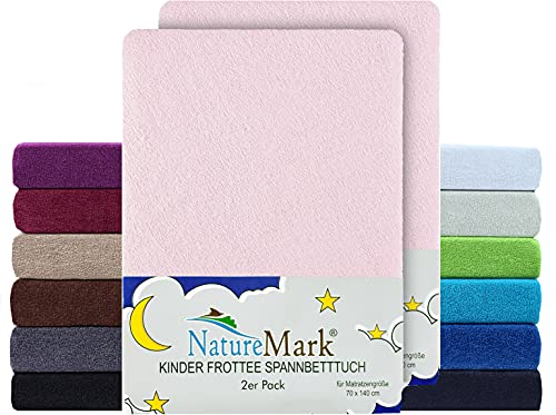 NatureMark 2er Pack Kinder FROTTEE Spannbettlaken, Spannbetttuch kuschelig weich, für Babybett und Kinderbett | 70x140 cm - Rosa