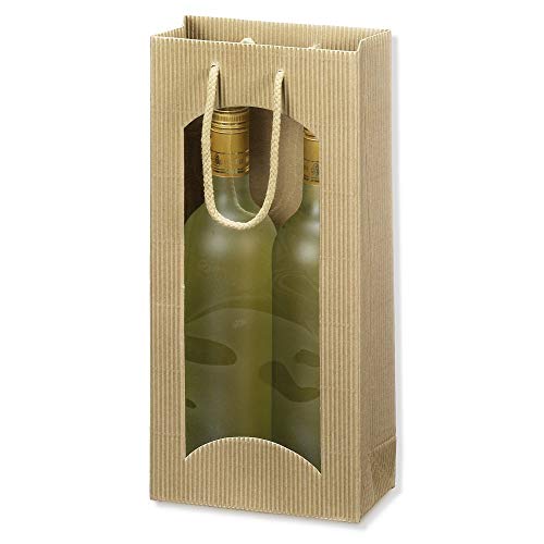 20 x 2er Flaschen-Tragekarton, Flaschentragetasche, Weinverpackung, Weintragetasche mit Sichtfenster, offene Welle, 10 x 8,5 x 36 cm, Natur