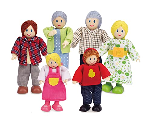 Hape Puppenfamilie von Hape |Preisgekröntes Puppenfamilien-Set, einzigartiges Zubehör für Puppenhäuser aus Holz, Fantasie-Spiel, 6 Puppenfamilien-Mitglieder