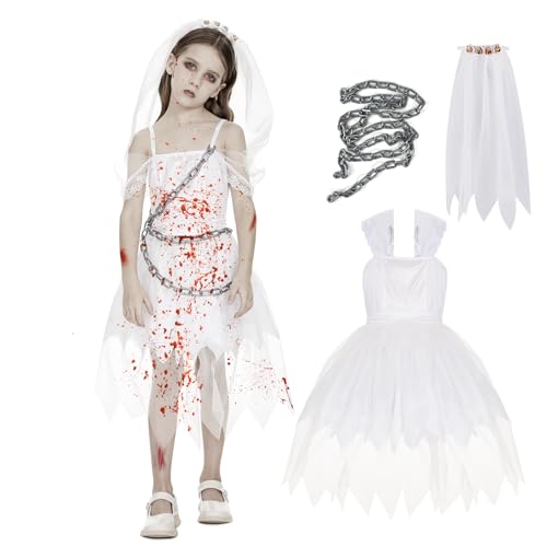 FORMIZON Halloween Zombie Kostüm Kinder, Geisterbraut Kostüm mit Plastikkette für Mädchen, Teufels Kostüm, Horror Vampir Hexe Kleider für Halloween Party, Karneval und Cosplay (L)