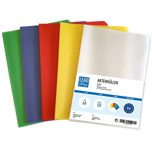 50 Aktenhüllen bunt DIN A4, Dokumenten-Hüllen oben & seitlich offen, farbige Klarsicht Schutz-Hüllen für Dokumente & Papier, dokumentenecht & genarbt