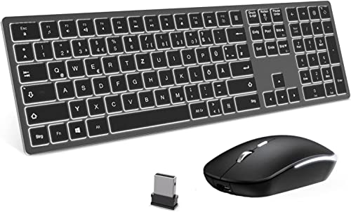 seenda 2,4G Wireless USB Tastatur und Maus Set Beleuchtet, Fullsize Kabellos Tastatur mit Maus Kombi Wiederaufladbar mit Weiß Beleuchtung DE Layout für PC, Computer, Laptop, Windows XP/7/8/10/11, Grau