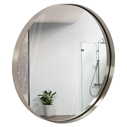 Hamilton Hills 61 cm großer, silberner runder Spiegel, gebürsteter Metallrahmen,zeitgenössisches,Wandhalterung für Heimdekoration,runder Kosmetikspiegel für Badezimmer und Schlafzimmer