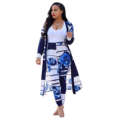 'Symina 'Damen 2-teilige Outfits Trainingsanzug-Strickjacke mit Blumendruck und Bodycon lang hose Set ( blau S)