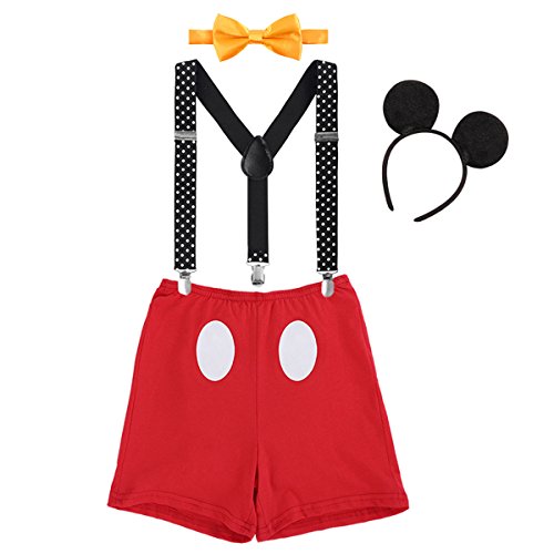 IBTOM CASTLE Säugling Baby Jungen Mädchen Mickey Mouse 1. / 2./ 3. Geburtstag Halloween Kostüm Outfit Set Unterhose+Fliege + Y-Form Hosenträger+Maus Ohren 4pcs Bekleidungssets 006 Rot 2-3 Jahre
