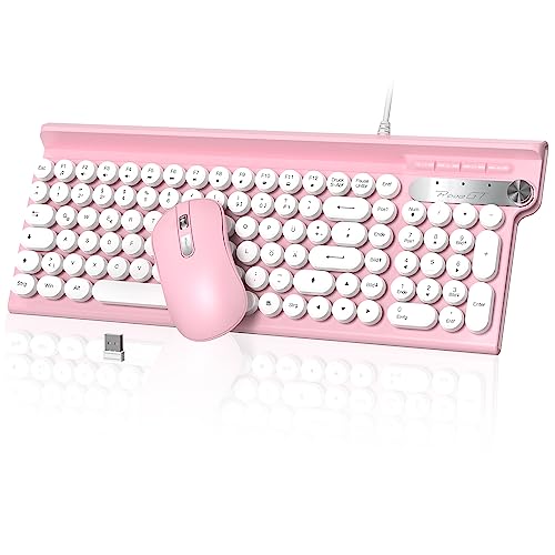 Tastatur Maus Set,RaceGT Tastatur Rosa Retro Schreibmaschine Tastatur Bunt Maus und Tastatur mit Handyhalterung Tastaturen Tastatur Kabel Keyboard für PC Mac Computer Laptop QWERTZ Deutsch