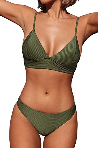 CUPSHE Damen Bikini Set Triangel Breites Unterbrustband Gerippte Bademode Zweiteiliger Badeanzug Armee Grün L