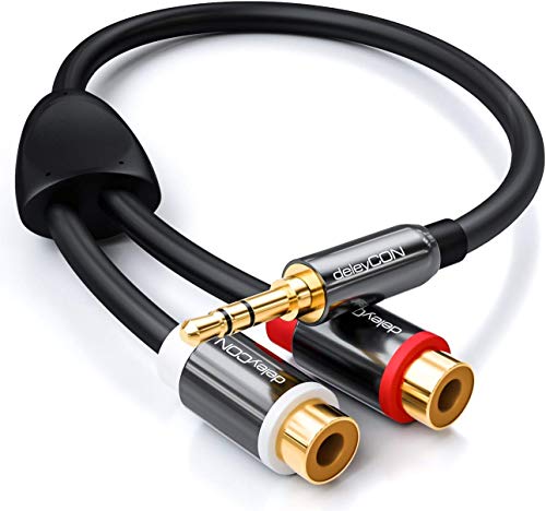 deleyCON Stereo Audio Cinch zu Klinken Adapter - 3,5mm Klinken Stecker zu 2X RCA Cinch Buchse - Metall - Vergoldet - Schwarz