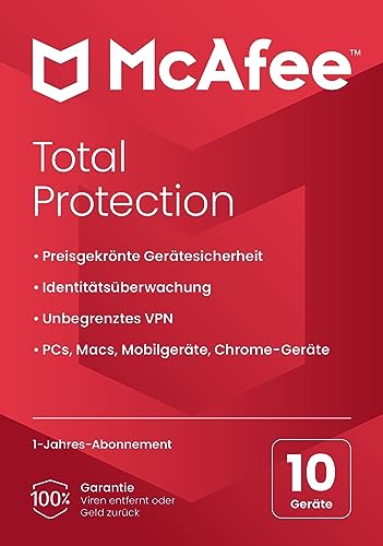 McAfee Total Protection 2024, 10 Geräte | Antivirus, VPN, Kindersicherung, Passwort-Manager, mobile Sicherheit|| PC/Mac/iOS/Android|1-Jahres-Abonnement | Zustellung per Post