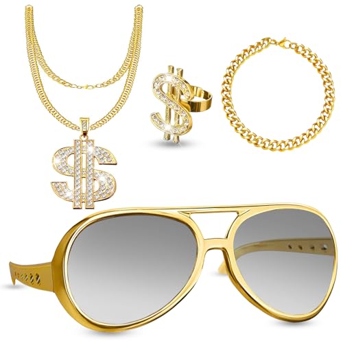 4 Stück Dollar Kette Set, Hip Hop Hop Rapper Zubehör, Dollar Kette, Zuhälter Kostüm, Goldkette, Sonnenbrille, Goldring, Dollar Anhänger Kette, 80er 90er Jahre Zuhälter Kostüm für Karneval
