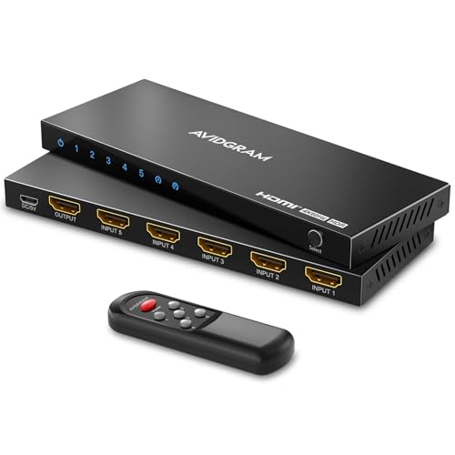 HDMI Switch 4K 60Hz, AVIDGRAM HDMI 2.0 Umschalter 5 in 1 Out, 5 Port HDMI Selector Box with IR Remote Control Support HDCP 2.2 HDR10 3D 18Gbps for Xbox PS4 HDTV Monitor