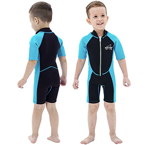 NATYFLY Kids Shorty Neoprenanzug 2.5mm Kinder Neopren Thermal Badeanzug UV-Schutz Badeanzüge für Mädchen Jungen One Piece WetSuits (Blau, 3 Jahre)
