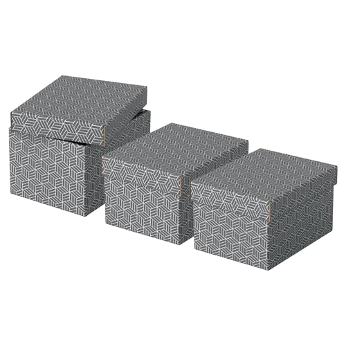 Esselte 3er Set mittelgroße Aufbewahrungs- & Geschenkboxen mit Deckel, Schachteln für Wohnung/Büro & Organisationszwecke, 100% recycelter Karton, 100% recycelbar, geometrische Designs, Grau, 628283