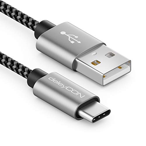 deleyCON 1m Nylon USB-C Kabel Ladekabel Datenkabel USB Typ C Metallstecker Laden & Synchronisieren von Handy & Smartphone