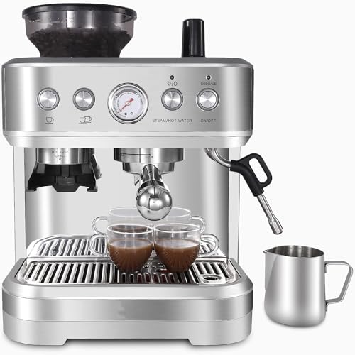 Belect Espressomaschine, 2.3 L Wassertank 15-Bar-Extraktionsdruck, Espresso Siebträgermaschine mit integriertem Mahlwerk und professioneller Milchschaumdüse für Cappuccino Latte, Silber, edelstahl