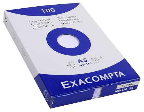 Exacompta 13308E Packung (mit 100 Karteikarten, ungelocht DIN A5, 148 x 210 mm, 205 g, blanko, ideal für die Schule) 1er Pack weiß
