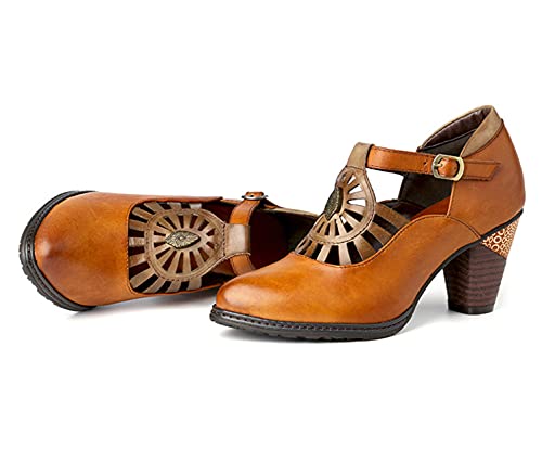 CrazycatZ Damen Leder Mary Jane Blockabsatz Bunte Schuhe Patchwork-Block Ferse Schuhe Bunte Sandalen mit Absätzen (Brown, Numeric_37)
