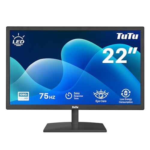 TuTu 21,5 Zoll LED Monitor Full HD 75HZ 5ms Eye Care (1920 x 1080, VGA HDMI VESA 100 * 100mm) Flimmerfrei Blaulichtfilter Niedriger Stromverbrauch Monitor für PC Home Office Schwarz