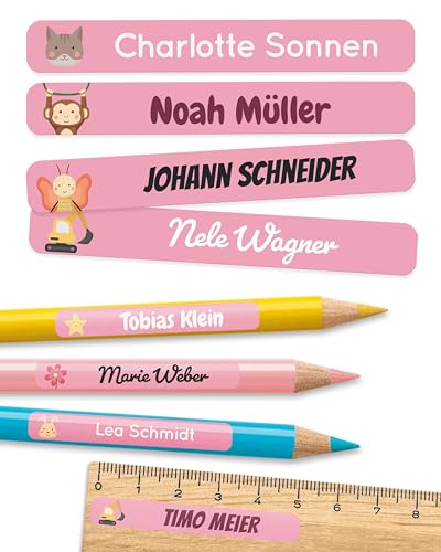 melu kids® Namensaufkleber Kinder für Schule & Kita (75 Stück) - Personalisierte Aufkleber mit Namen für Stifte und alle Schulsachen - Wasserfest in Spülmaschine (Rosa)