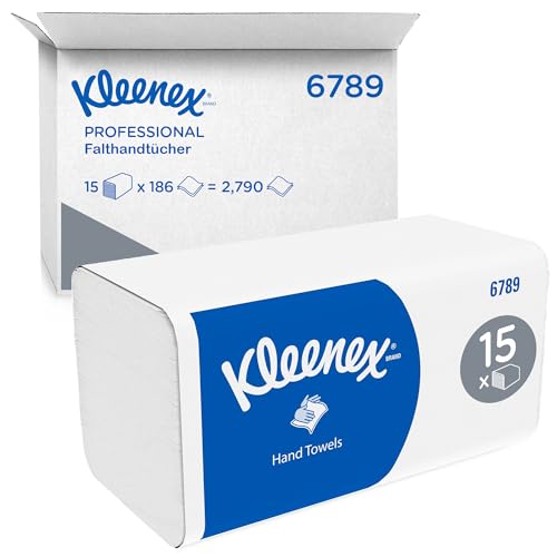 Kleenex Papierhandtücher mit Interfold Faltung 6789–2-lagige Papiertücher mit V-Faltung–15 Packungen x 186 Handtücher ( Total 2790 Falthandtücher) , weich, komfortabel, ultra-absorbierend und reißfest