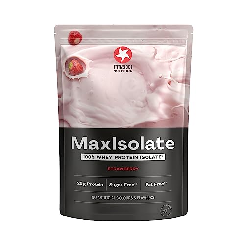 MaxiNutrition 100% Whey Protein Isolat Erdbeere 1 kg, Proteinpulver mit 85% Eiweiß, zucker- & fettarm, ohne künstliche Aromen, für einen leckeren Protein-Shake mit natürlichem Erdbeerpulver