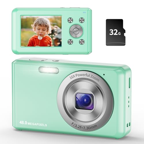 Digitalkamera,HD 1080P Fotokamera Kompaktkamera mit 32GB Karte, 48MP Fotoapparat 2,4 '' LCD 16X Digital Zoom Digital Kamera für Kinder, Mädchen,Teenager, Jungen, Anfänger(Grüner)