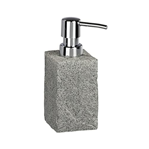 WENKO Seifenspender Granit, nachfüllbarer Seifendosierer für Badezimmer und Küche in Stein-Optik, Fassungsvermögen: 215 ml, 8,8 x 16 x 6,5 cm, Grau