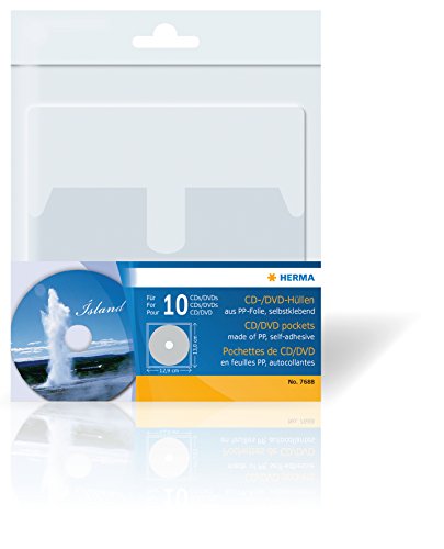 HERMA 7688 CD DVD Hüllen für Ordner zum Aufkleben, 10 Stück, 129 x 130 mm, Sichthüllen mit vollflächig selbstklebender Rückseite und Sicherheitslasche, transparent
