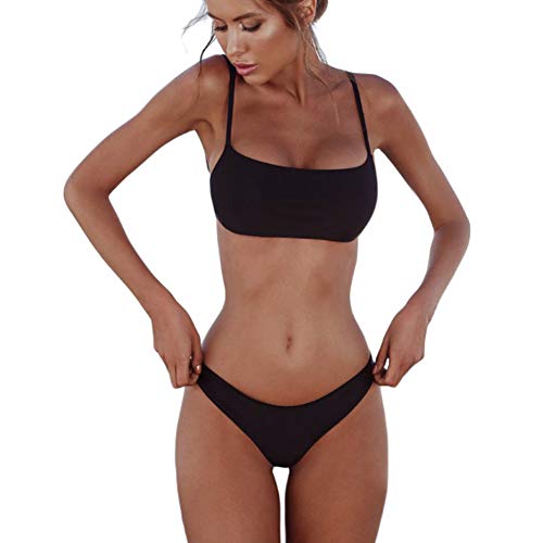 meioro Bikini Sets für Damen Push Up Tanga mit niedriger Taille Badeanzug Badebekleidung Beachwear Swimwear(M,Schwarz)