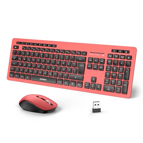 Tastatur Maus Set Kabellos, Volle Größe Ruhig 2.4G Funkmaus und Tastatur mit USB Empfänger,QWERTZ-Layout,14 Multimedia Shortcuts für Windows Laptop PC Desktop - Schwarz Rot