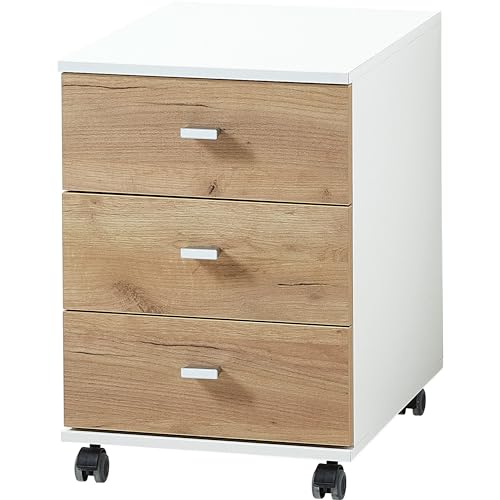 bümö Homy Rollcontainer mit Schubladen, Container aus Holz in Weiß-Eiche - Rollwagen für's Büro als Schreibtisch Unterschrank, Bürocontainer od. Schreibtischcontainer