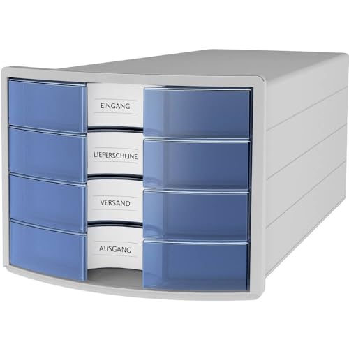 HAN Schubladenbox IMPULS 2.0 mit 4 geschlossenen Schubladen für DIN A4/C4 inkl. Beschriftungsschilder, Auszugsperre, möbelschonende Gummifüße, premium Qualität, 1012-64, lichtgrau / transluzent-blau