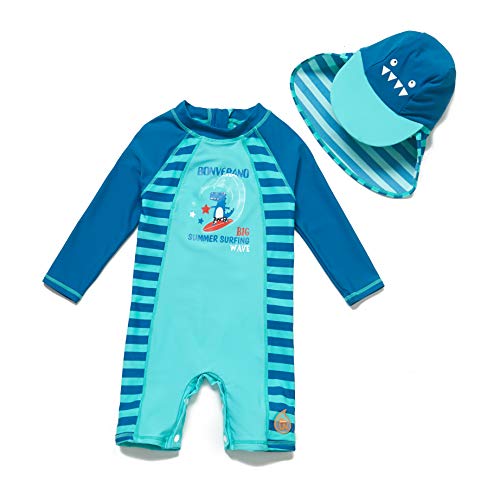 BONVERANO Baby Junge Badeanzug EIN stück Langärmelige-Kleidung UV-Schutz 50+ Badekleidung MIT Einem Reißverschluss (Blauer Dinosaurier, 86-92)