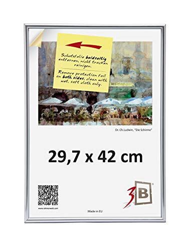 3-B Bilderrahmen FOTO - 29,7x42 cm (A3) - silber - Fotorahmen, Kunststoffrahmen mit Acrylglas.