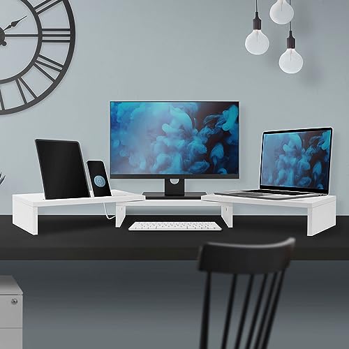 ML-Design Dual Monitor Stand Riser, aus Holz, Weiß, Monitorständer für 2 Monitore mit verstellbare Länge und Schwenkwinkel, 2 Halteschlitz, Unterbau Bildschirm, Monitorerhöhung Bildschirmständer