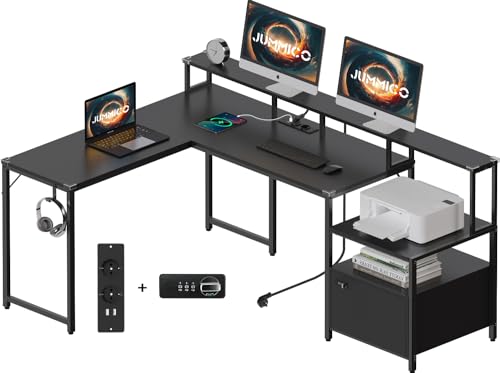 JUMMICO Eckschreibtisch 170x120cm mit USB-Ladeanschluss und Steckdose Schreibtisch L Form mit MonitorstäNder Ecktisch mit Schubladen,Computertisch FüR HeimbüRo(Schwarz)