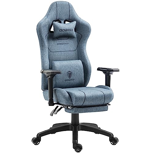Dowinx Gaming Stuhl Stoff mit Taschenfederkissen, Ergonomischer Gaming Sessel mit Massagefunktion, PC Bürostuhl Groß und Hoch mit Fußstützen XXL, Blau