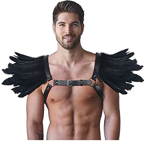 keland Gothic Halloween Kostüm Accessoires Feder Epaulettes Shrug Schulterklappen mit Leder Body Harness für Männer (Z-Schwarz)