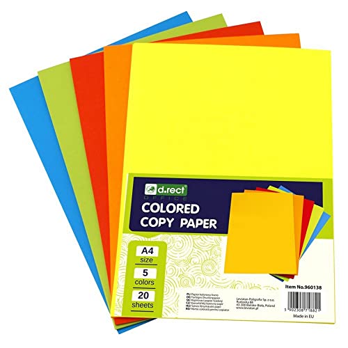 D.RECT – Kopierpapier, Tonpapier, Bunt A4, Farbiges Druckerpapier, Mix von 5 Farben, für Tintenstrahl und Laserdrucker, 5x20 A4-Blättern - 100 Blatt