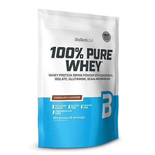 BioTechUSA 100% Pure Whey Molkenprotein-Komplex mit Bromelain-Enzymen, Aminosäuren, ohne Zuckerzusatz, palmölfrei, 454g, Schokolade