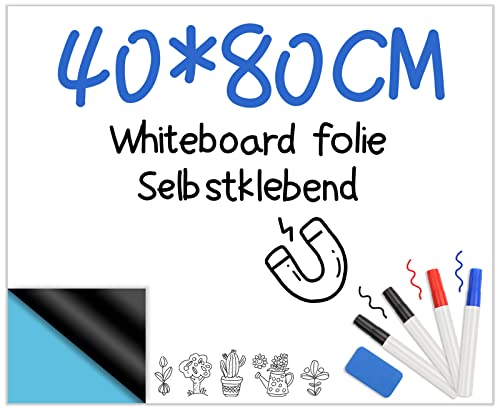 Yakalaw Whiteboard Folie Selbstklebend Magnetfolie 40 x 80cm Whiteboardfolie, 4 Whiteboardstift und Whiteboard Schwamm, Weißwandtafel Folie Kinder Wandfolie für Kühlschrank Kinderzimmer zum DIY