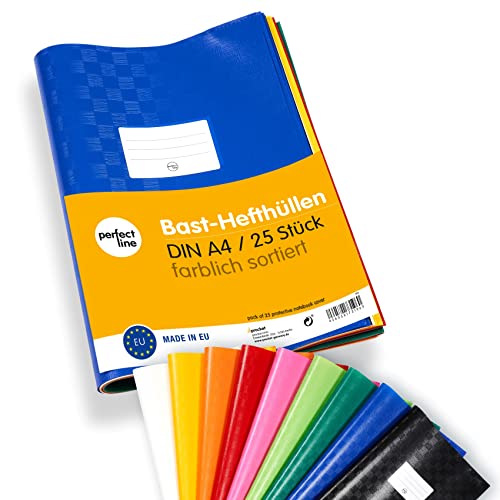 perfect line • 25 Bast-Hefthüllen DIN-A4, 9 Farben, Heftumschlag mit Beschriftungsetikett, Heftschoner aus recycelbarem PP, dokumentenecht