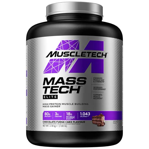 MuscleTech MassTech Elite Proteinpulver, Baut Muskelgröße Und -Stärke Auf, Molkenisola Massenproteinpulver Mit 3 g Kreatin, 80 g Protein, 18 g BCAA, 14 Portionen, 3,2 kg