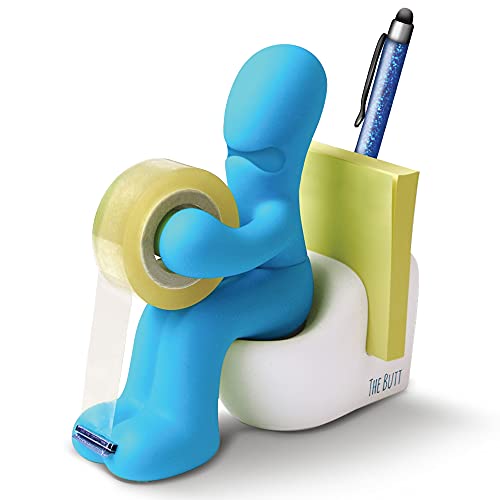 Klebefilm-Abroller und Bürobedarf-Station - Schreibtisch-Accessoire - Origineller Schreibtisch-Organizer mit Briefklammern, Haftnotizzetteln und einem Stift (Blau)