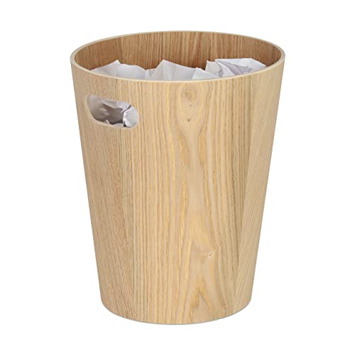 Relaxdays Papierkorb Holz, runder Mülleimer mit Griff, 7,5 L, ohne Deckel, HxD 28 x 23 cm, Abfalleimer Büro, Flur, natur