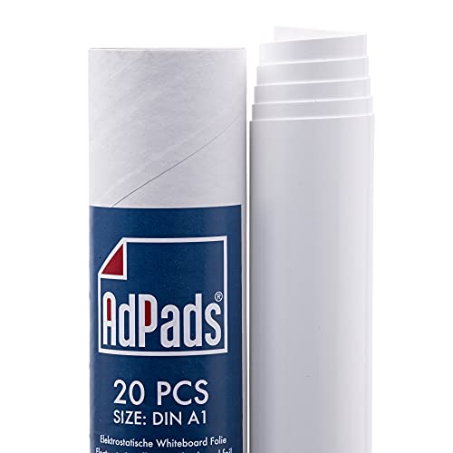AdPads® Elektrostatische Whiteboard Folie A1 | Selbstklebendes Flipchart-Papier, 20 Blatt, weiß | Static Sticky Whiteboard Paper | Haftet auf allen Oberflächen, beweglich und verschiebbar