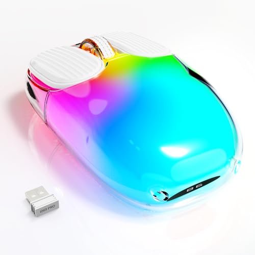 MAMBASNAKE Mini Wireless Bluetooth Gaming Maus, süße leise kabellose Maus mit Power Display, transparenter, 7 RGB Leuchten, 1600DPI optisches Tracking, tragbare wiederaufladbare 600mAh Mäuse (weiß)