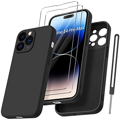 Qasyfanc für iPhone 14 Pro Max Hülle Silikon case mit 2 Stück Panzerfolie, Ultra Microfiber TPU Flüssig silikon mit Kameraschutz Kratzfeste Rundumschutz HandyHülle 6.7''- Schwarz